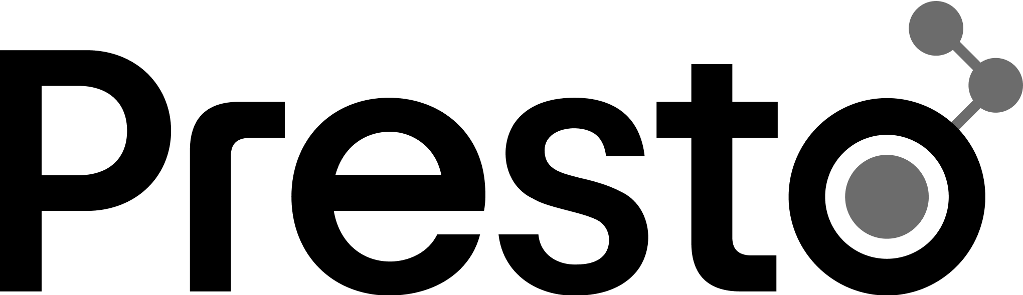 Presto software logo with stylized text and three connected dots forming a triangular shape on the right.