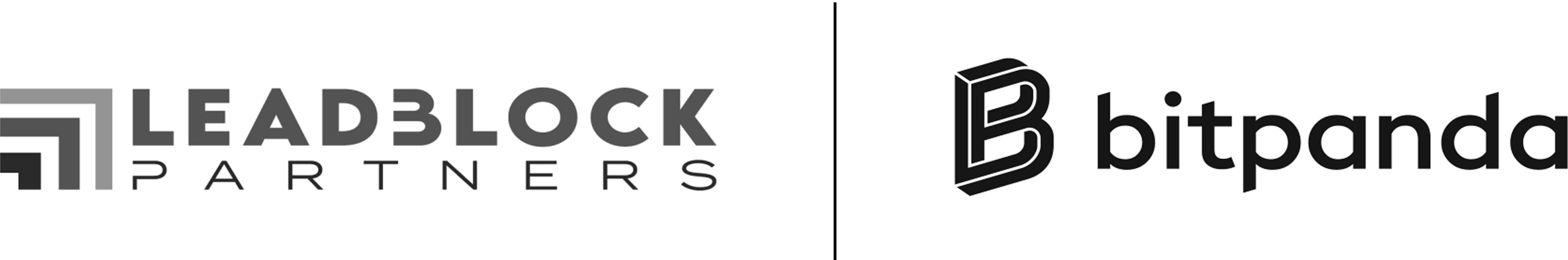 Leadblock Partners logo with geometric icon on left and bold text, next to Bitpanda logo featuring a 3D letter B and black text.