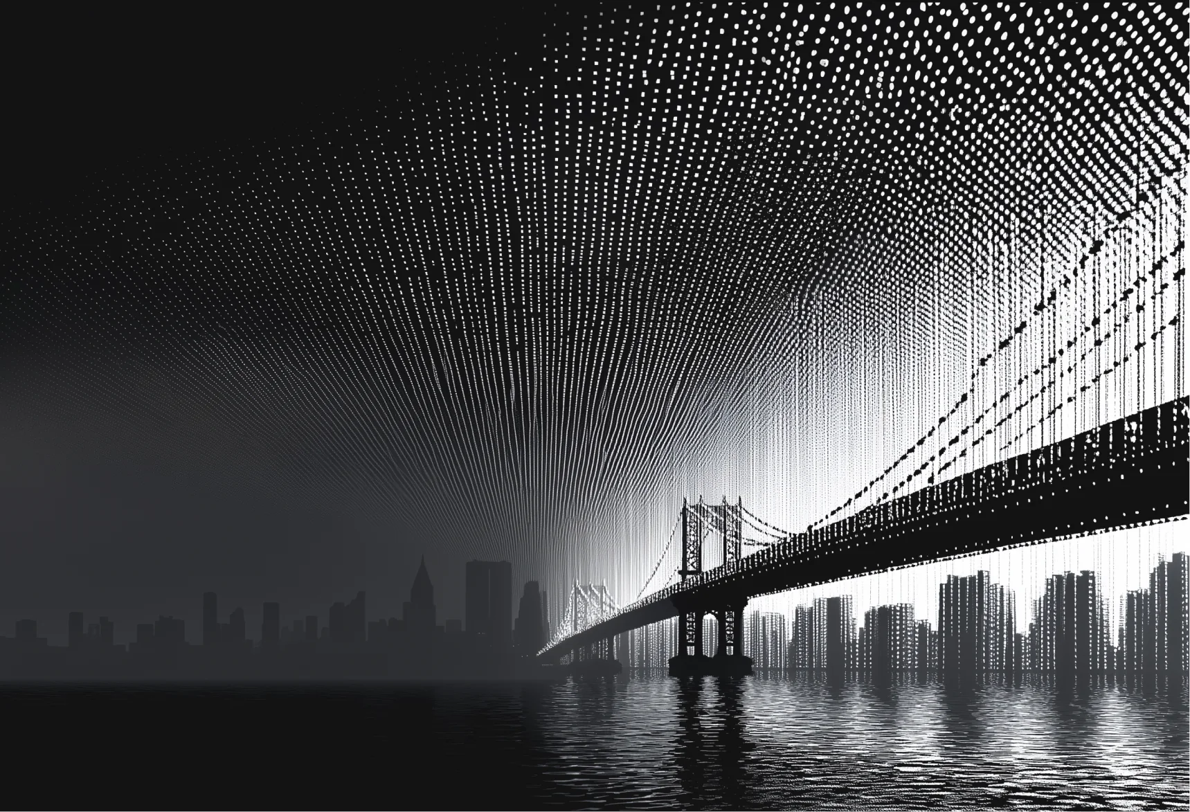 Black and white digital artwork of a suspension bridge over water with a city skyline in the background and a pattern of dots forming arches above.